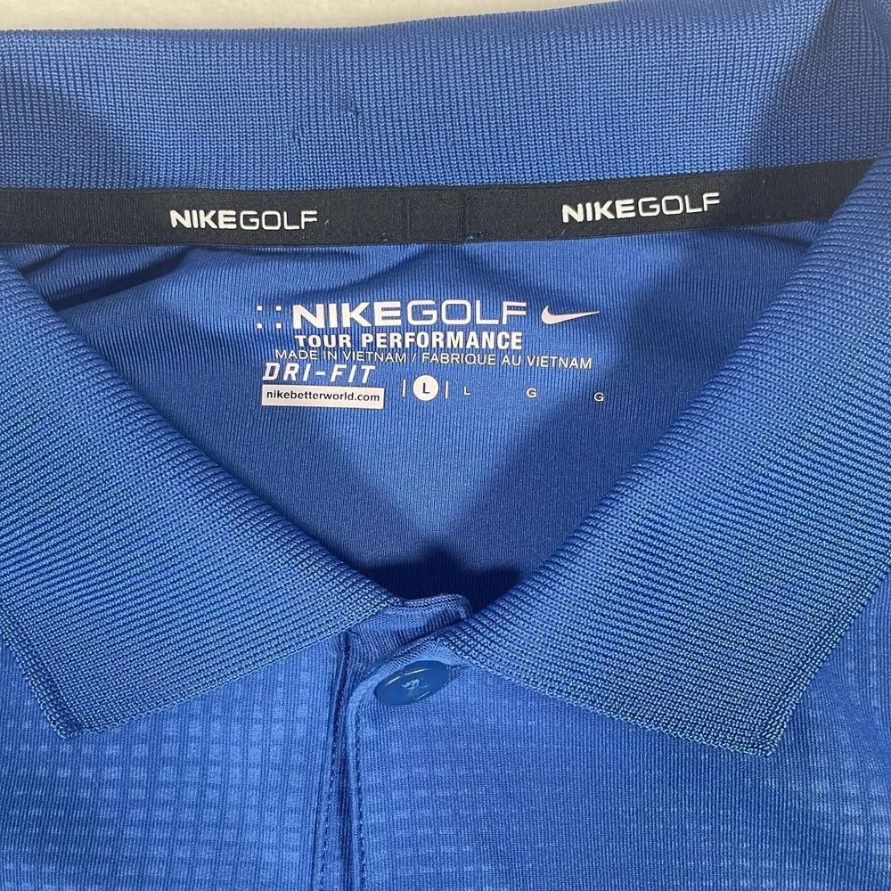 NIKE Dri Fit Tour Performance Golf Polo Blue Men's Size Large Crest Invitational